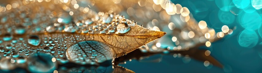 Golden Leaf with Water Drops and Bokeh