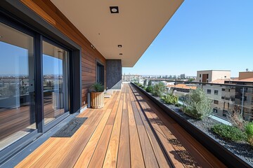 Modern balcony with wooden flooring and city view, offering a stylish and serene outdoor retreat with contemporary design