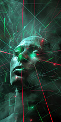 A mans face is encircled by vibrant green and red laser, creating a striking visual effect against his skin. Surreal
