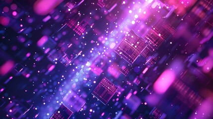 Abstract background with cubes and glowing lights in purple and pink colors. Big data technology concept with binary code on a dark blue abstract futuristic cyber space banner design