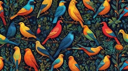  pattern of colorful birds and flowers on a dark blue background.
