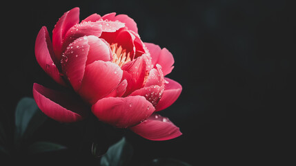 Soft pink peony flower, dark nature bokeh background, copy space