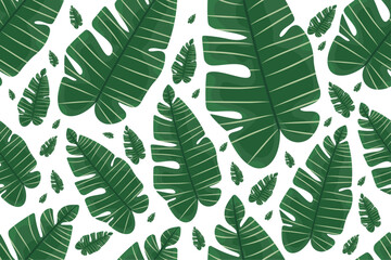 Botanical tropical leaves seamless pattern on white isolated background. Vector green  bananas leaves cartoon flat style. For wallpaper, wrapping paper, seasonal decor.