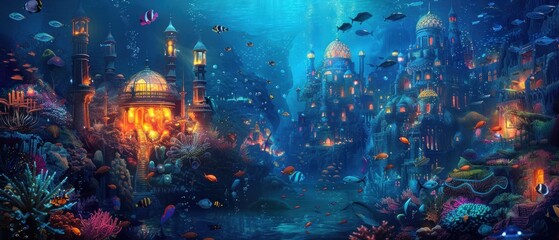 A magical underwater city teeming with colorful marine life, its domed structures glowing softly in the depths.