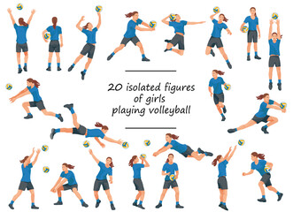 20 women's volleyball team players in blue T-shirts in various poses training, running, jumping, throwing, hitting the ball