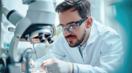 A modern medical research laboratory. Portrait of a male scientist with a microscope. Development of medicine, biotechnology, microbiology