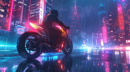 Grunge night background Futuristic City, Skyscrapers, Motorbike, Neon Colors, Rainy Mood, and Tower Reflections