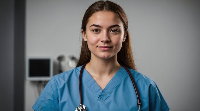 Young female nursing student wearing medical coat. Junior doctor portrait. Medical internship Healthcare concept