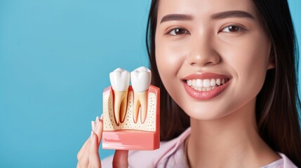 Perfect white crowns on a girl's teeth in close-up with shade guide bleach, a woman's smile, dental care and dentistry.