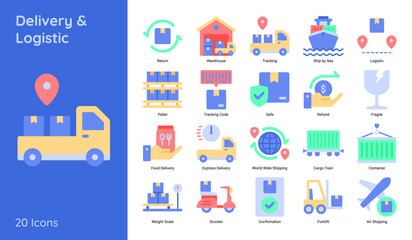 Delivery & Logistic Flat Style Icon Set.