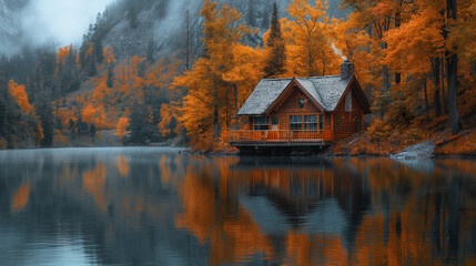 Obraz premium A cozy wooden cabin nestled in the mountains, surrounded by towering pine trees and overlooking a serene, mirror-like lake. The cabin has smoke gently rising from the chimney, suggesting a warm fire i