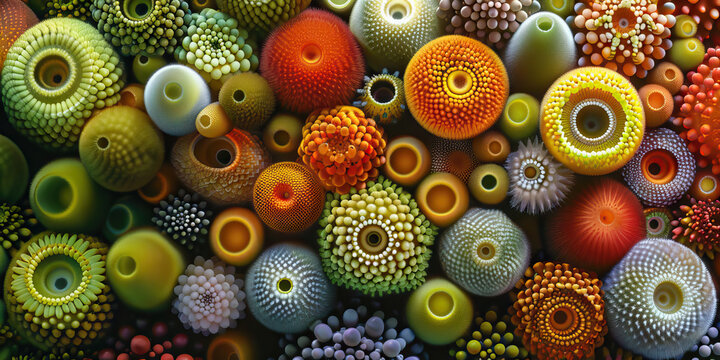 Pollen Grain Morphology: Detailed view of pollen grains from various plant species, depicting diversity in size, shape, and surface features