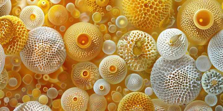 Pollen Grain Morphology: Detailed view of pollen grains from various plant species, depicting diversity in size, shape, and surface features