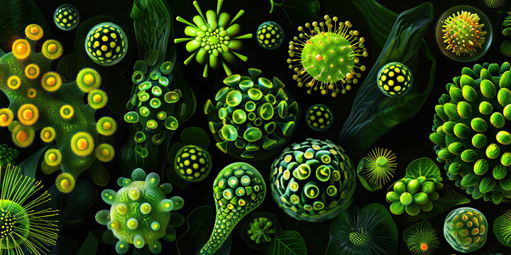 Pollen Grain Morphology: Detailed view of pollen grains from various plant species, depicting diversity in size, shape, and surface features
