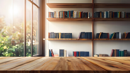 Empty wooden table and modern library background. advertising mockup with table top with copy space for product display, show or present product