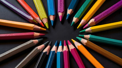 Fototapeta premium frame of colored pencils on a black chalkboard background. cute children's banner with copy space. perfect for back to school greeting cards, presentations, poster. postcard advertising mockup