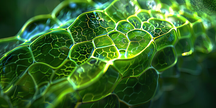 Chlorophyll Pigment Absorption: Close-up view of chlorophyll pigments in plant cells, highlighting photosynthesis and light absorption