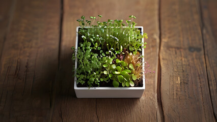 Fresh microgreens with dew drops sprouting densely growing in planter. Eco products, healthy eating and vegetable super food. cultivation of greenery at home