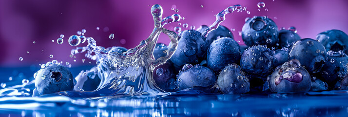 Blueberry juice splashing on a blue to purple gradient background, cool and vibrant 