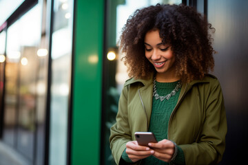a mixed race girl, aged 20, looking at her cellphone, wearing a green outfit, young and trendy - Powered by Adobe