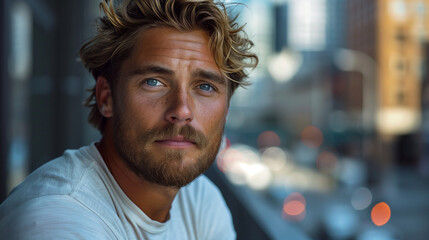 Fototapeta premium Handsome Blond Man Smile on the Street in Casual Clothing