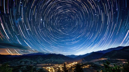 A time-lapse photo of the night sky, showing the movement of stars and the rotation of the Earth
