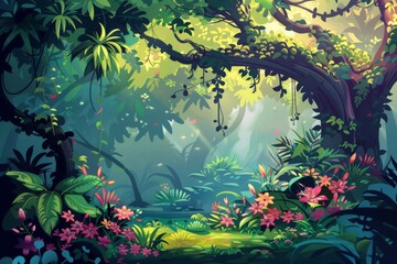 a vibrant and colorful jungle environment