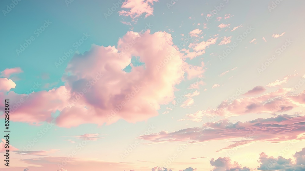 Poster a tranquil evening sky with gentle clouds illuminated by the soft hues of the setting sun, creating 