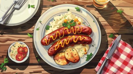 Large German sausages served with mustard and sides such as mashed potatoes and sauerkraut. on a European style food plate