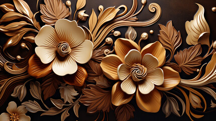 Fototapeta premium A gold and white floral design with a lot of detail. The flowers are arranged in a way that creates a sense of depth and dimension, making the design look three-dimensional. 