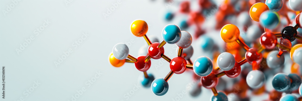 Aufkleber closeup of colorful molecule structures on a white background, empty space for text