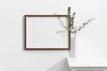 Blank wooden picture frame mockup, horizontal art frame mock up with copy space