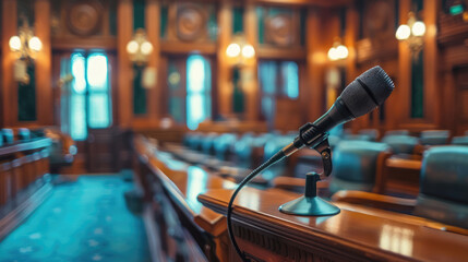 A courtroom designed for legal proceedings, with a microphone for speeches