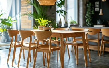 Modern dining room with wooden chairs and table