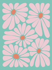 Groovy retro abstract flowers backgrounds. doodle shapes in trendy naive hippie 60s 70s style. Square wavy vector illustration in green pink colors.