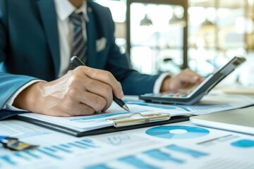 Fototapeta premium Businessman working with documents analyzing business and planning financial accounting.