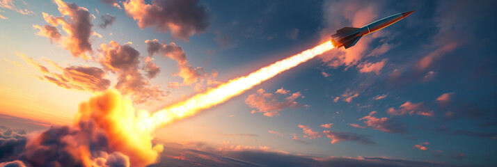 High-tech missile soaring through the air, trail of smoke and fire, dusk sky 