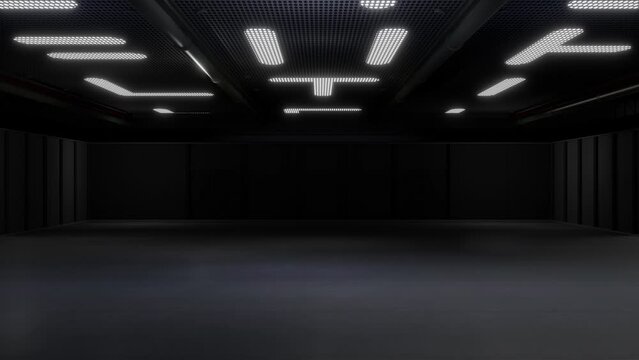 Motion Empty hall exhibition.The backdrop for exhibition stands, booth,Display,trade show.Conversation for event.Big room for entertainment,event,sports,gym.3d Background for online.4K Loop.3d render.