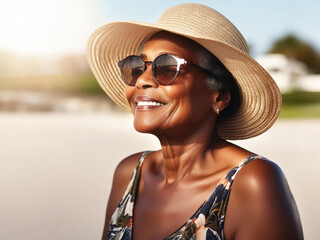 portrait of senior African-American woman outdoors at the beach, wearing bathing suit, sunglasses and straw hat, vacation or retirement lifestyle concept, copy space
