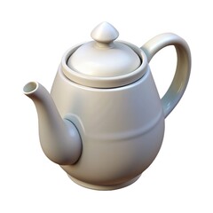 A shiny white teapot reflects modern design Teapot.  Hot tea brews in ceramicware.  Teapot isolated on white background.