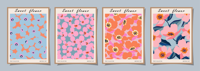 Set of abstract groovy floral posters. Trendy botanical wall art with flower design print in vibrant colors. Modern naive for interior decor, cover, card, template, banner, wallpaper and background.