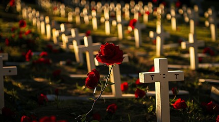 A field of white crosses with red flowers placed in front of them.