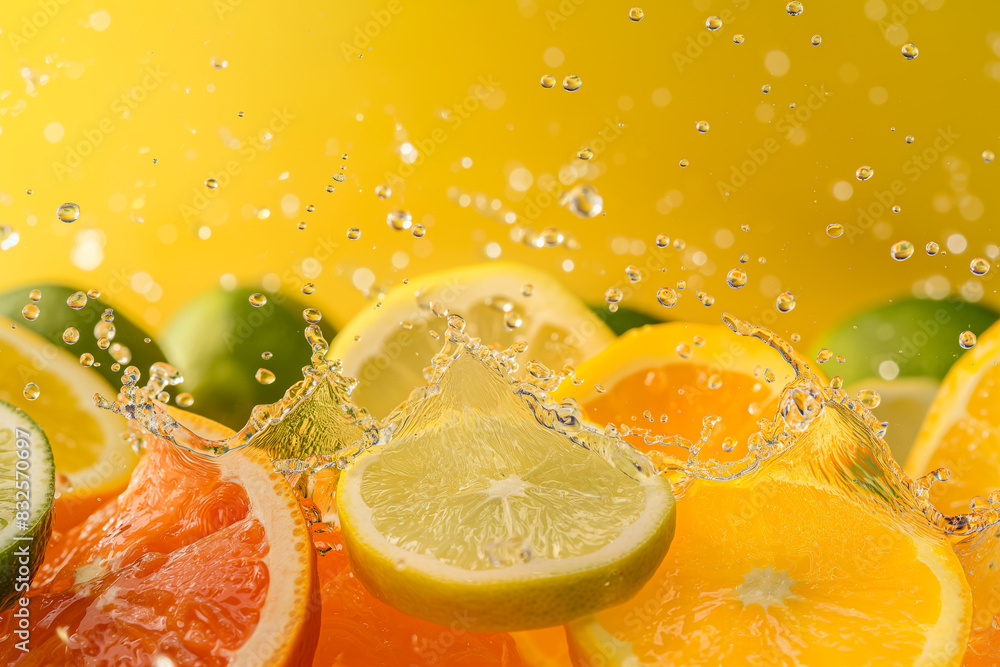 Poster mixed citrus juice splashes on a yellow to lime gradient background, refreshing and vibrant