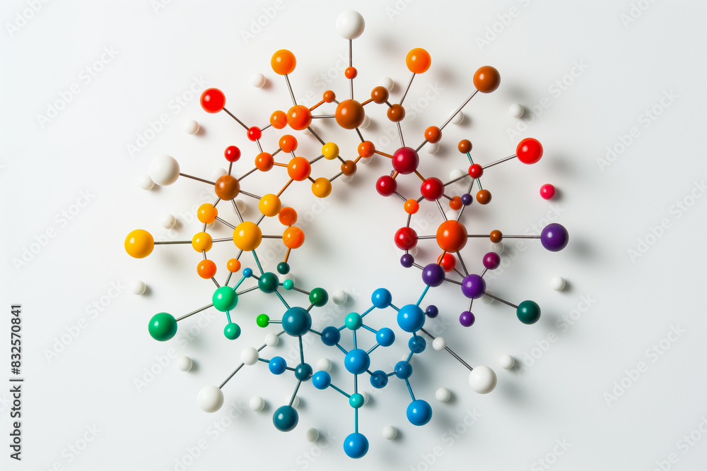 Aufkleber molecule models in various colors, arranged in a circular pattern on a white background