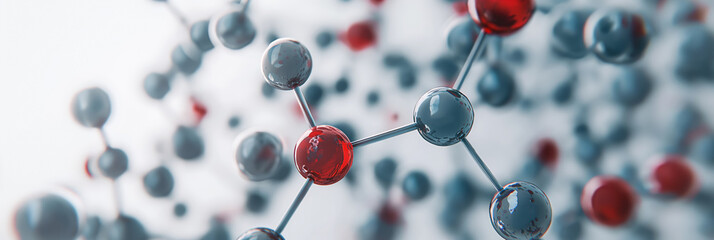 Obraz premium Network of molecules, blue and red colors, on a light grey background, connected dots 