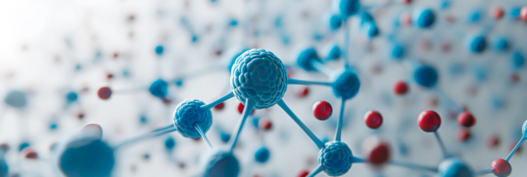 Network of molecules, blue and red colors, on a light grey background, connected dots 