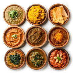 Overhead view of Ethiopian Injera with various traditional stews isolated on white background 