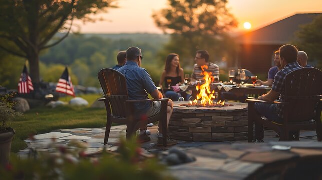 Friends and family gathered around a fire pit in the backyard, enjoying the sunset.