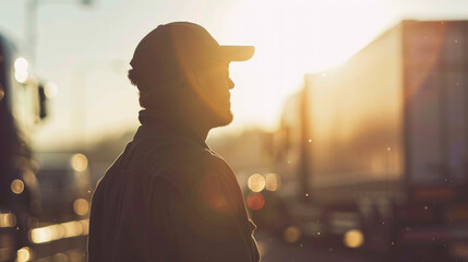 Silhouette of a truck driver symbolizing hard work in the transportation