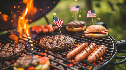 Hot summer barbecue with hamburgers, hot dogs and steaks on the grill